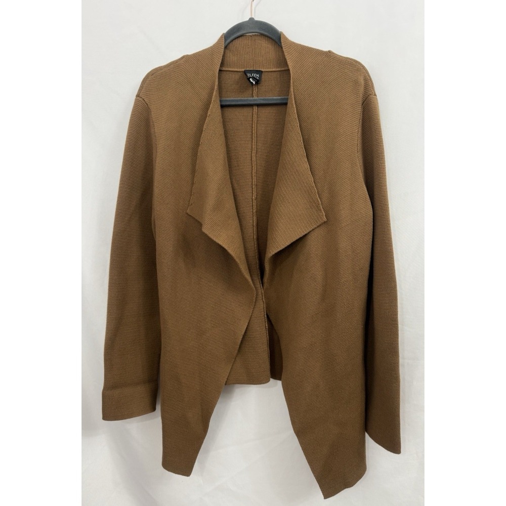 Eileen Fisher Brown Drape Front Open Cardigan Sweater Womens Size L